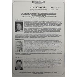 Three limited edition Jaguar prints with certificates, 'Jaguar E-Type' numbered 037, 'Jaguar D-Type' numbered 425, and 'Jaguar XJ13' numbered 425, signed Stirling Moss, Norman Dewis and John Francis and numbered in pencil unframed 47cm x 61cm
