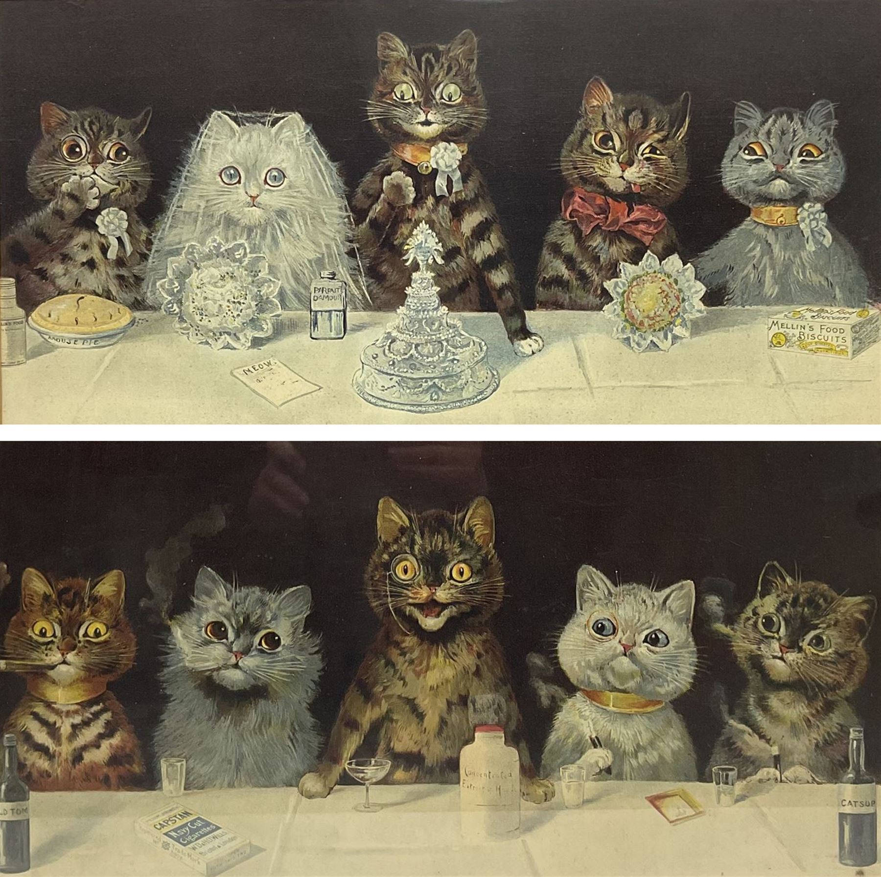 Louis Wain (British 1860-1939): 'Mellin's Food Biscuits' and 'Capstan Navy Cut Cigarettes', pair chromolithographs 24cm x 50cm (2)