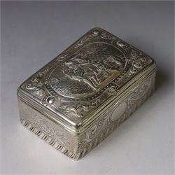 19th century Continental silver box, of rectangular form, the lift off cover with repousse figural scene, the base chased with vacant panels, acanthus scrolls and flower heads, unmarked, H4.5cm W8.5cm D5.5cm