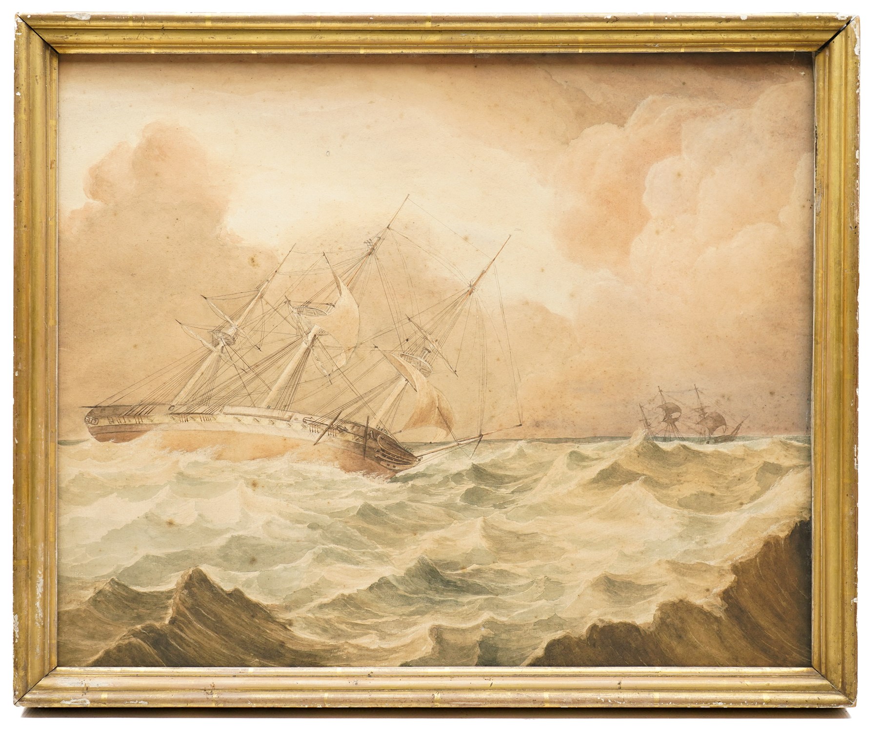 English School (19th century): Frigate on Stormy Seas, watercolour and ink unsigned 46cm x 56cm