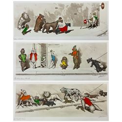 Arthur 'Boris' Klein (French  1893-1985): 'Eternels Enemies' 'Le Profanateur' 'Tu Viens Beau Blond' 'Sans Interdit' and 'O' Liberte', five etchings with hand colouring (and one duplicate) signed and titled in pencil from the 'Dirty Dogs of Paris' series 16cm x 44cm (6) (unframed)