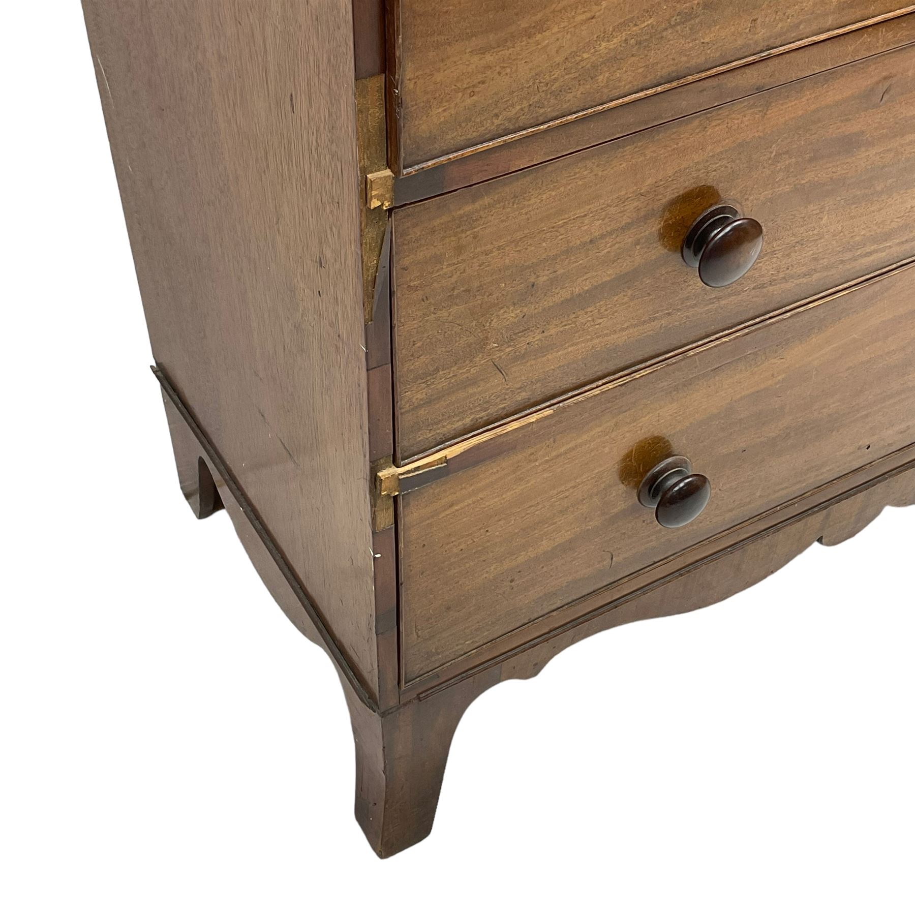 19th century mahogany straight-front chest, fitted with two short over three long cock-beaded graduating drawers, on splayed feet