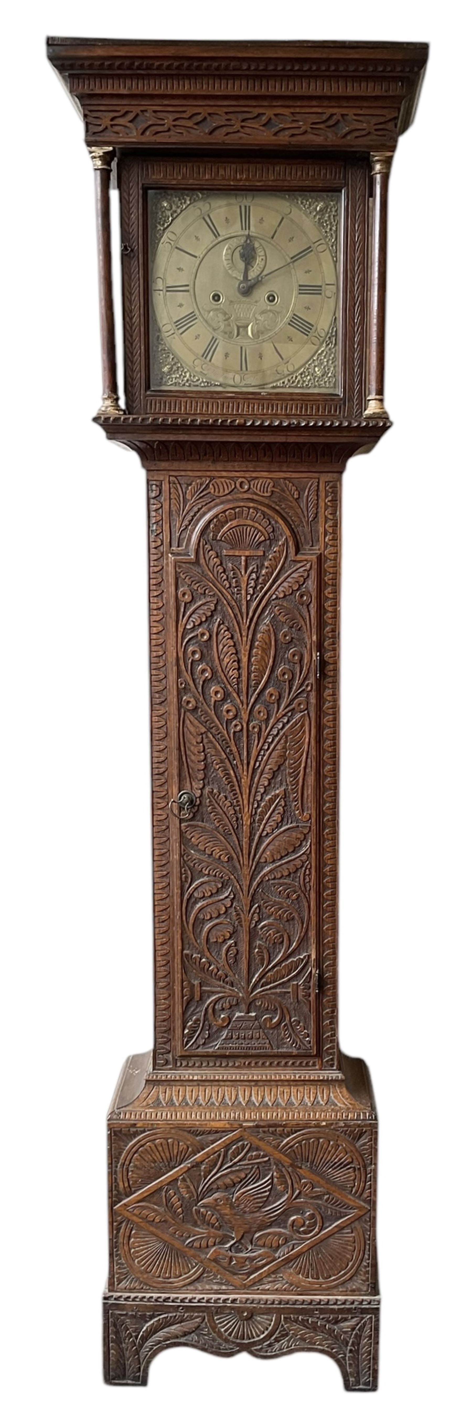 Robert Henderson of Scarborough -mid-18th century eight-day longcase clock c1750, with a flat topped pediment and broad cornice, carved frieze beneath and a square hood door flanked by detached pilasters with gesso capitals, profusely carved trunk with a break arch topped door on a square plinth raised on a shaped base, brass dial with a matted and engraved dial centre, cast spandrels and chapter with Roman numerals and five minute Arabic's, with a seconds dial and date aperture, dial pined directly to a rack striking movement with a recoil anchor escapement, sounding the hours on a bell. With weights and pendulum.
Robert Henderson was one of the first clockmaker recorded as working in Scarborough, b1678-d1756.

