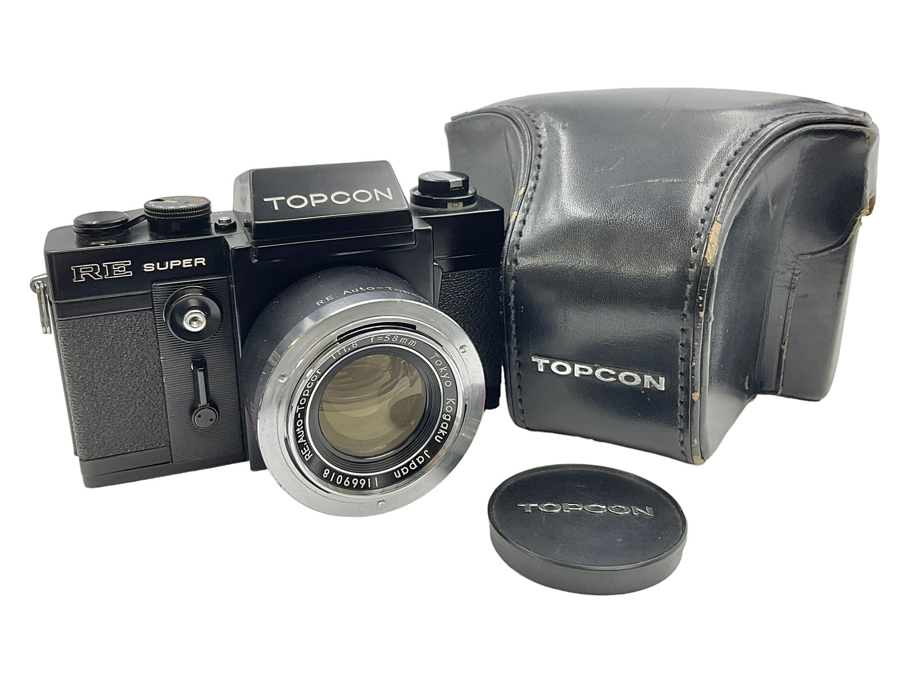 Topcon RE Super camera body, serial no.4681129, with 'RE. Auto-Topcor 1.8/5.8cm' lens, serial no. 11669018, in leather case