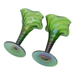 Near pair of art nouveau green iridescent glass vases with twisted stem and fluted rim, H15cm