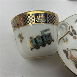 Royal Crown Derby Treasures of Childhood cabaret set, comprising tray, milk jug, sucrier, teacup and saucer, together with two Royal Crown Derby Treasures of Childhood paperweights Fleur and Ragdoll Sailor and Teddy bear paperweight, all paperweights are without stoppers