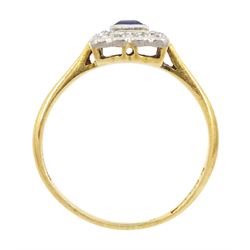 Art Deco gold baguette cut sapphire, old and single cut diamond cluster ring by Blanckensee & Son Ltd, stamped 18ct & PT, sapphire approx 0.60 carat, total diamond weight approx 0.15 carat