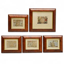 John Speed (British 1552-1629): 'England Wales Scotland and Ireland Described and Abridged', frontispiece and set of four engraved maps with hand-colouring of the British Isles from the miniature pocket-sized edition pub. c.1666, 9cm x 13cm (5)