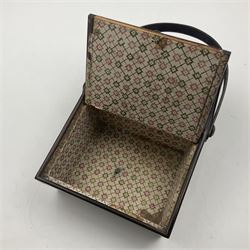 19th century rosewood Tunbridge Ware basket, of rectangular form with curved bentwood handle, and twin hinged sloping covers, lifting to reveal paper lined interiors, not including handle H5.5cm D10.5cm L18cm