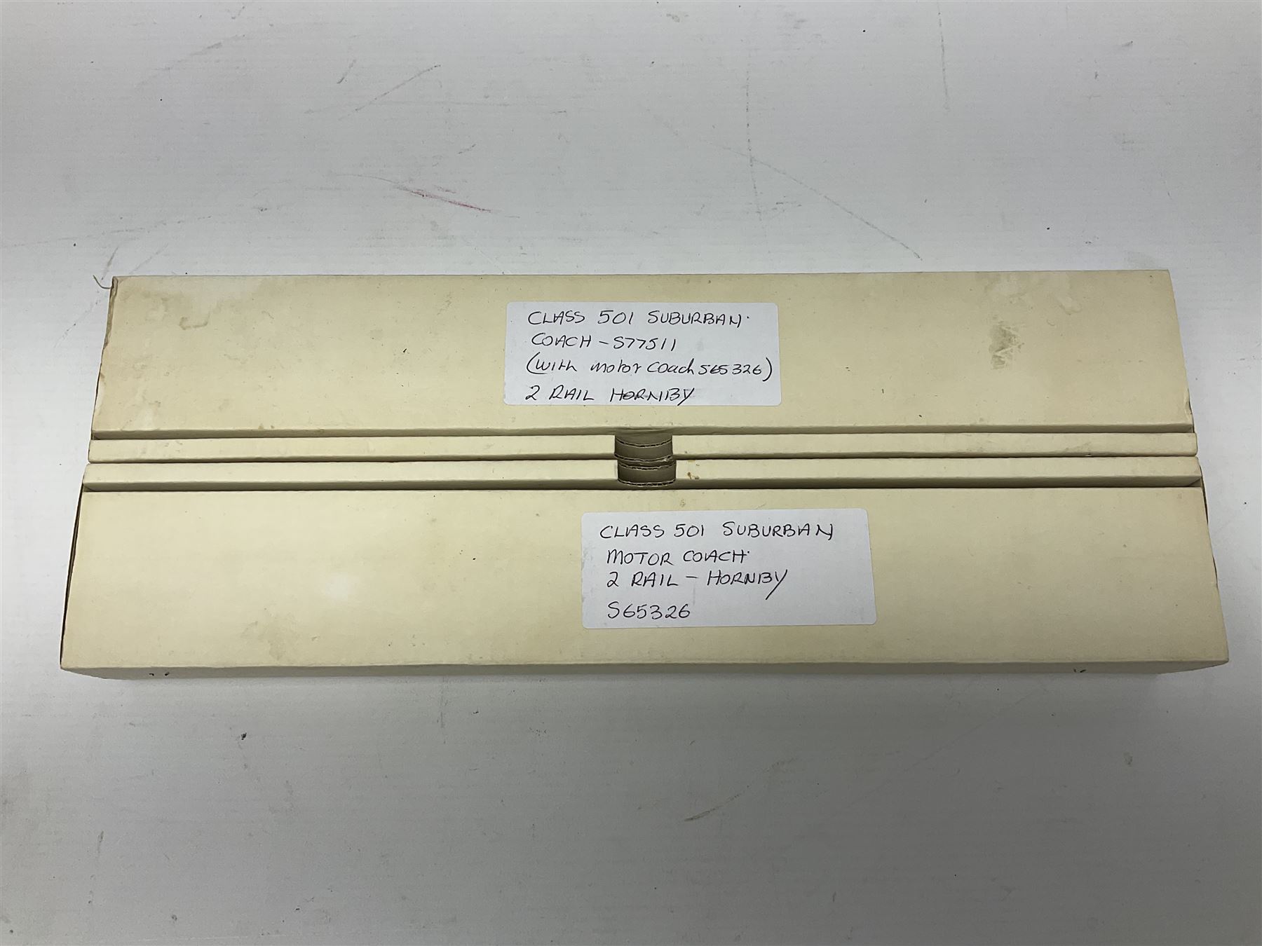 Hornby Dublo - 2-rail two car BR(S) set comprising Class 501 Suburban Motor Coach No.S65326 and trailer coach No.S77511; both in later unassociated plain boxes (2)