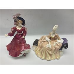 Six Royal Doulton figures, comprising Romance HN2430, Sarah HN3978, Rachel HN3976, Patricia HN3365, Elizabeth HN4426 and Reverie HN2306, all with printed mark beneath  