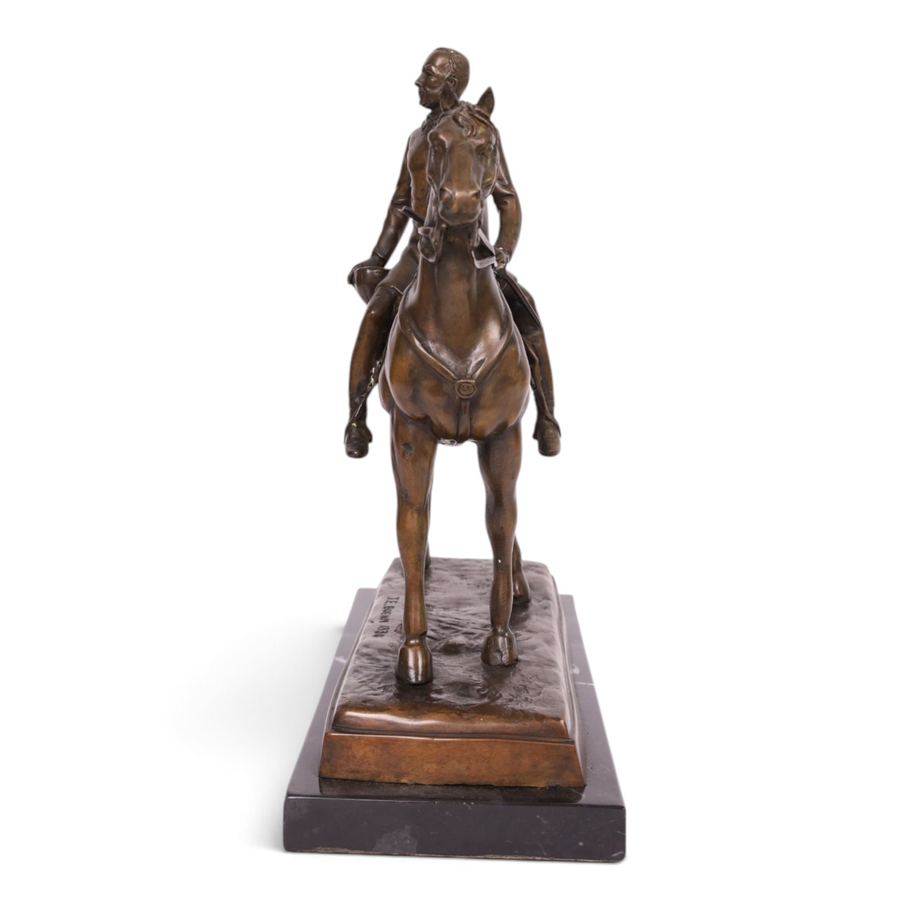 After Joseph Edgar Boehm, bronze Huntsman on horseback, upon a marble base, H40cm