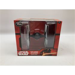 Star Wars - Disney Store The Force Awakens figurine playset, Poe's X-Wing Fighter, Snowspeeder and First Order Tie Fighter; Solo figurine set; The Last Jedi Elite Series die-cast action figure of Praetorian Guard; all mint and boxed; together with Star Wars Episode 1 card game, boxed (7)