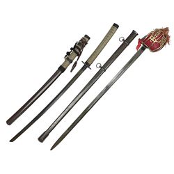 Reproduction Scottish officers basket hilt broad sword, the brass basket pierced with heart-shaped motifs lined with red lining, together with a reproduction Japanese Katana sword, longest L110cm
