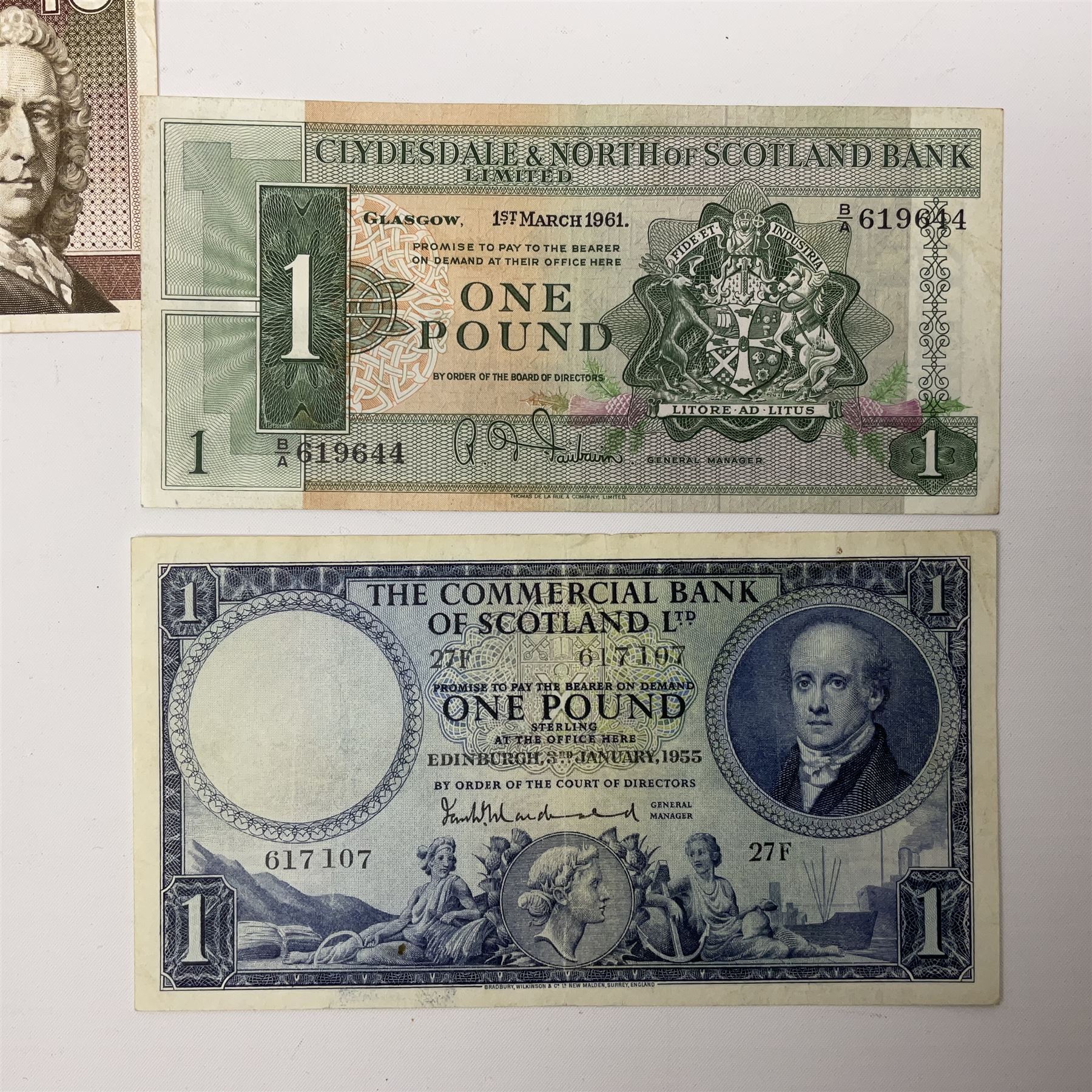 Irish and Scottish banknotes to include Bank of Ireland 5 January 1939 ‘B15’ one pound, two Bank of Scotland 1964 ‘AD07’ and ‘AF05’ one pound notes, one 1966 ‘CQ77’ one pound, and further notes from Clydesdale Bank, National Commercial Bank of Scotland Ltd. etc, housed in plastic sleeves