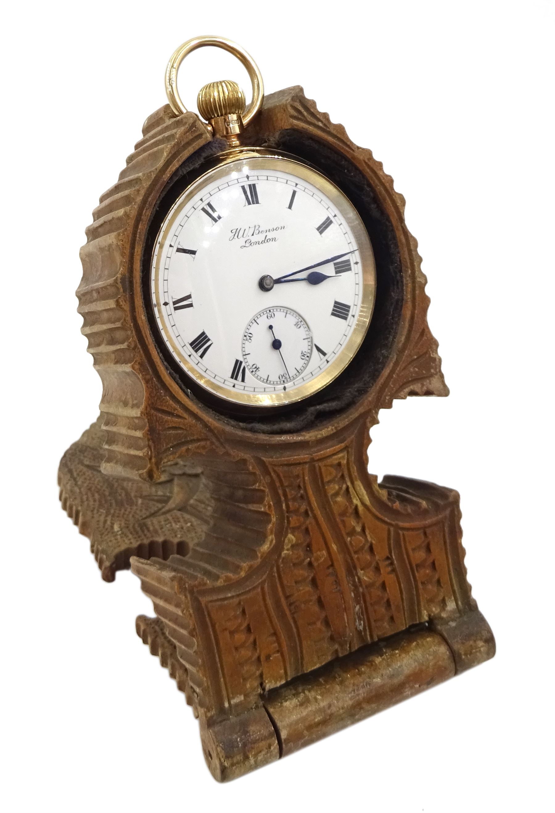 Early 20th century 9ct gold open face keyless lever 'The Bank' pocket watch by J.W.Benson, London, No. 5853, white enamel dial with Roman numerals and subsidiary seconds dial, London 1924, with original box and wooden stand