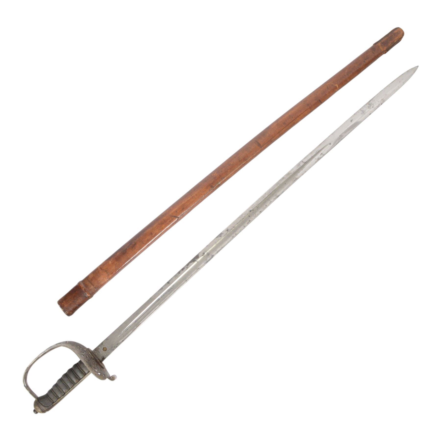 Edward VII 1887 Pattern Heavy Cavalry Officer's sword, 89cm single edge fullered etched blade, numbered 11017 to the back of the blade, decorative pierced guard, fishskin and wire handle, in a leather scabbard, overall L106cm 