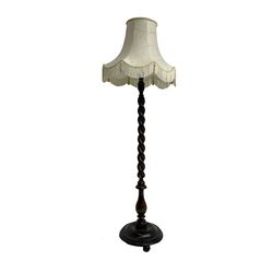 Mid-20th century oak barley twist standard lamp, with shade