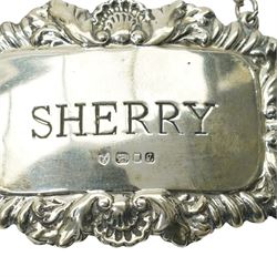 Set of three silver decanter labels Sherry, Gin and Whisky