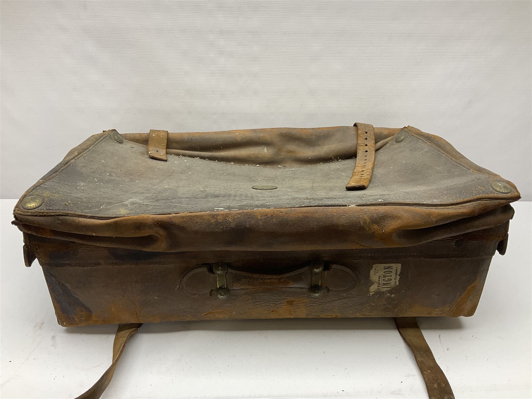 19th century leather suitcase, with brass plaque to cover engraved 'C R F Lutwidge Esq', the pink silk and white kid leather interior with pouch and edging impressed with gilt lettering reading 'By Appointment of Prince of Wales J W Allen 37 Strand Maker Prize Medal Awarded', H21cm, W73cm, Notes: Charles R. Fletcher Lutwidge, was mayor of Tunbridge Wells between 1895-1898, and again between 1901-1902