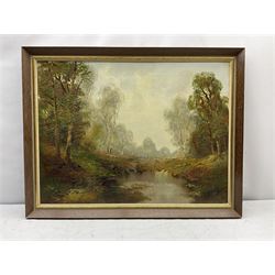 Continental School (Contemporary): Mountain Lake Landscape, oil on canvas unsigned 59cm x 90cm; F Borin (continental 20th century): Woodland Clearing with Pond, oil on board signed 58cm x 78cm (2)