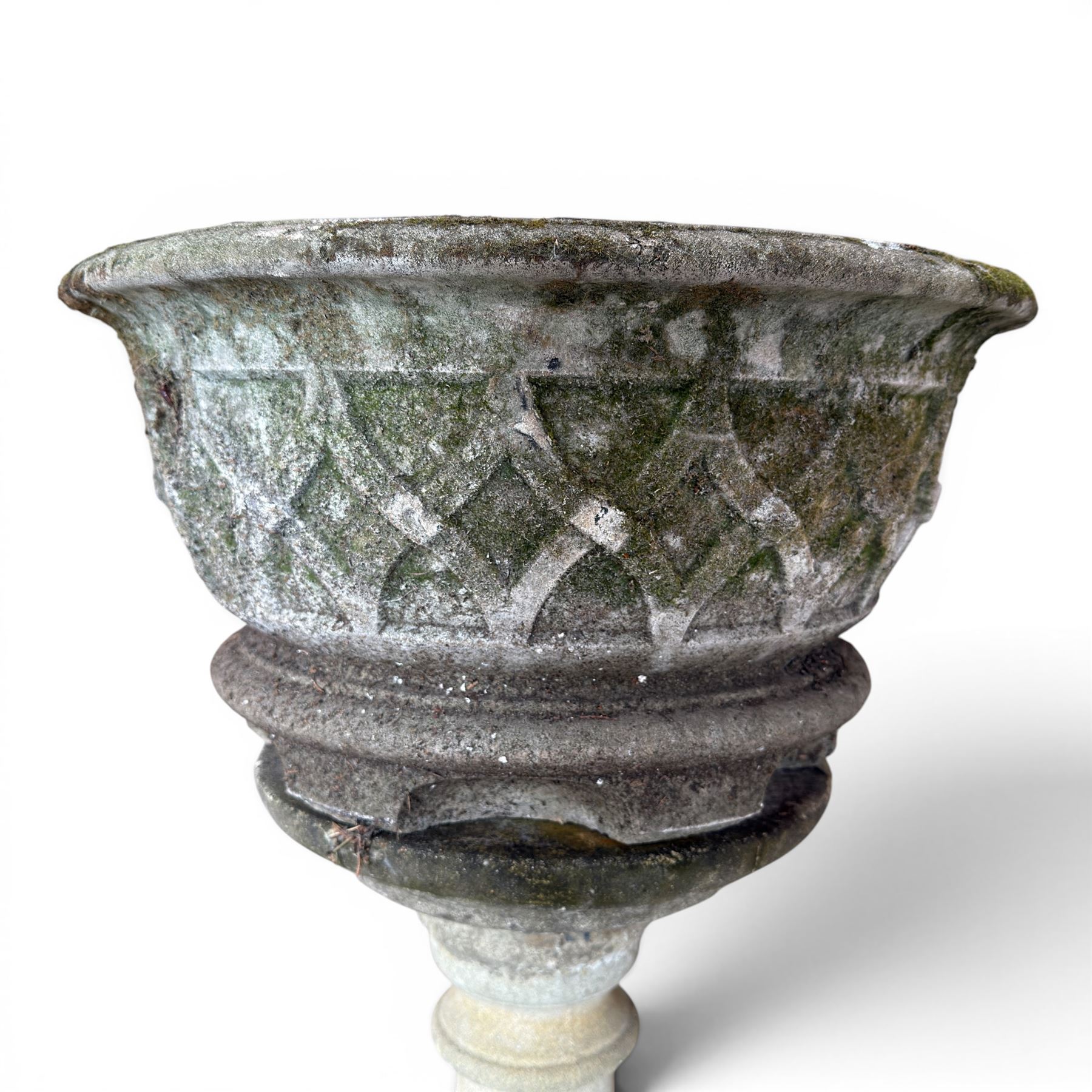 Large circular cast stone planter, and a small lattice planter on raised column