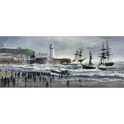 Robert Sheader (British 20th century): Scarborough South Bay at Low and High Tide, pair oils on board signed 21cm x 49cm (2)