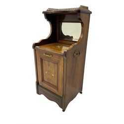 Edwardian inlaid rosewood  fall-front coal purdonium serpentine top with raised fretwork gallery, over bevelled mirror-back, the panelled fall-front door inlaid with foliate patterned ivorine and boxwood, on castors