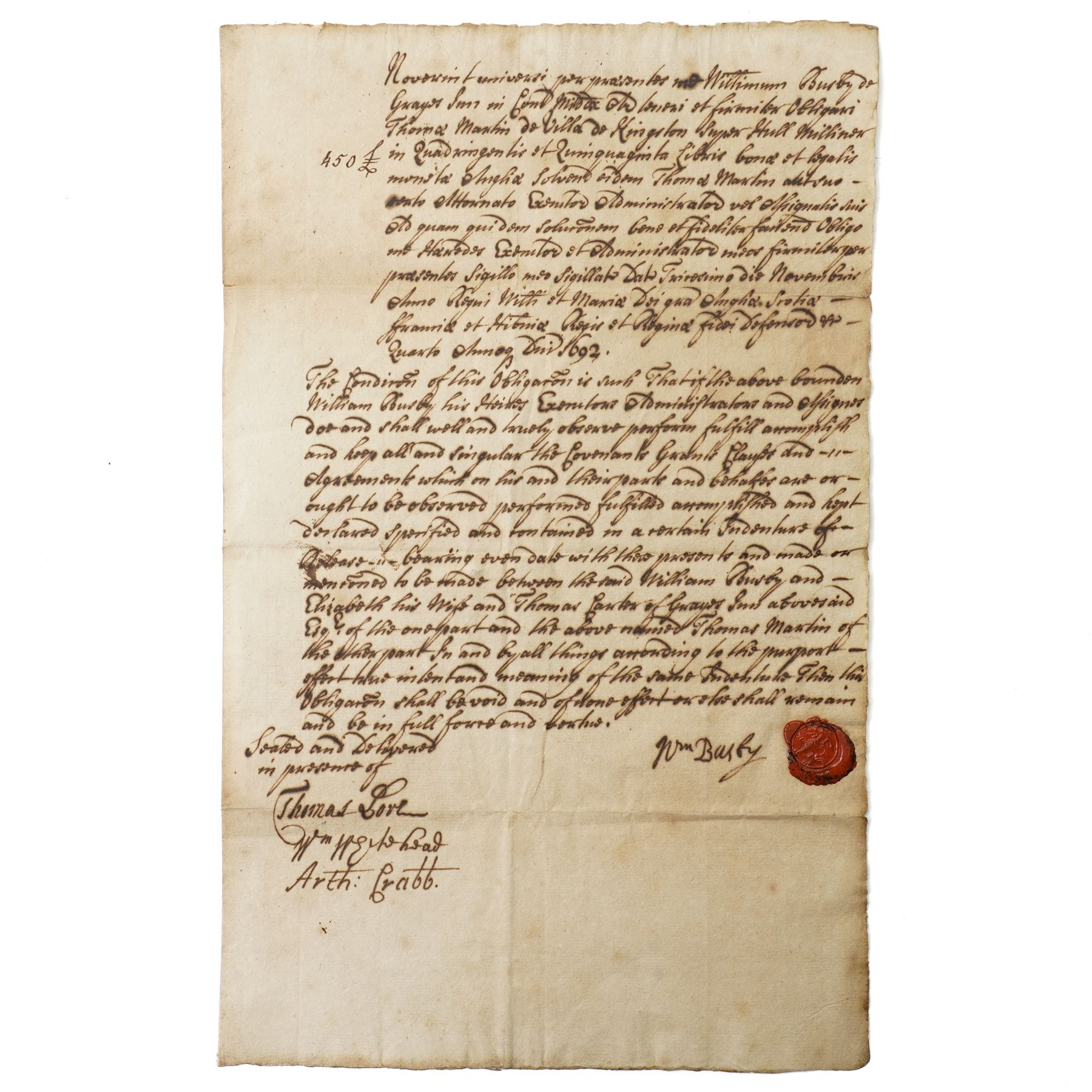 William and Mary period Obligation Bond between William Busby and Thomas Martin, with seal November 1692 approx 30cm x 19cm