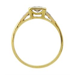 Early-mid 20th century 18ct gold single stone old cut diamond ring, with milgrain set diamond shoulders, stamped, principle diamond approx 0.25 carat
