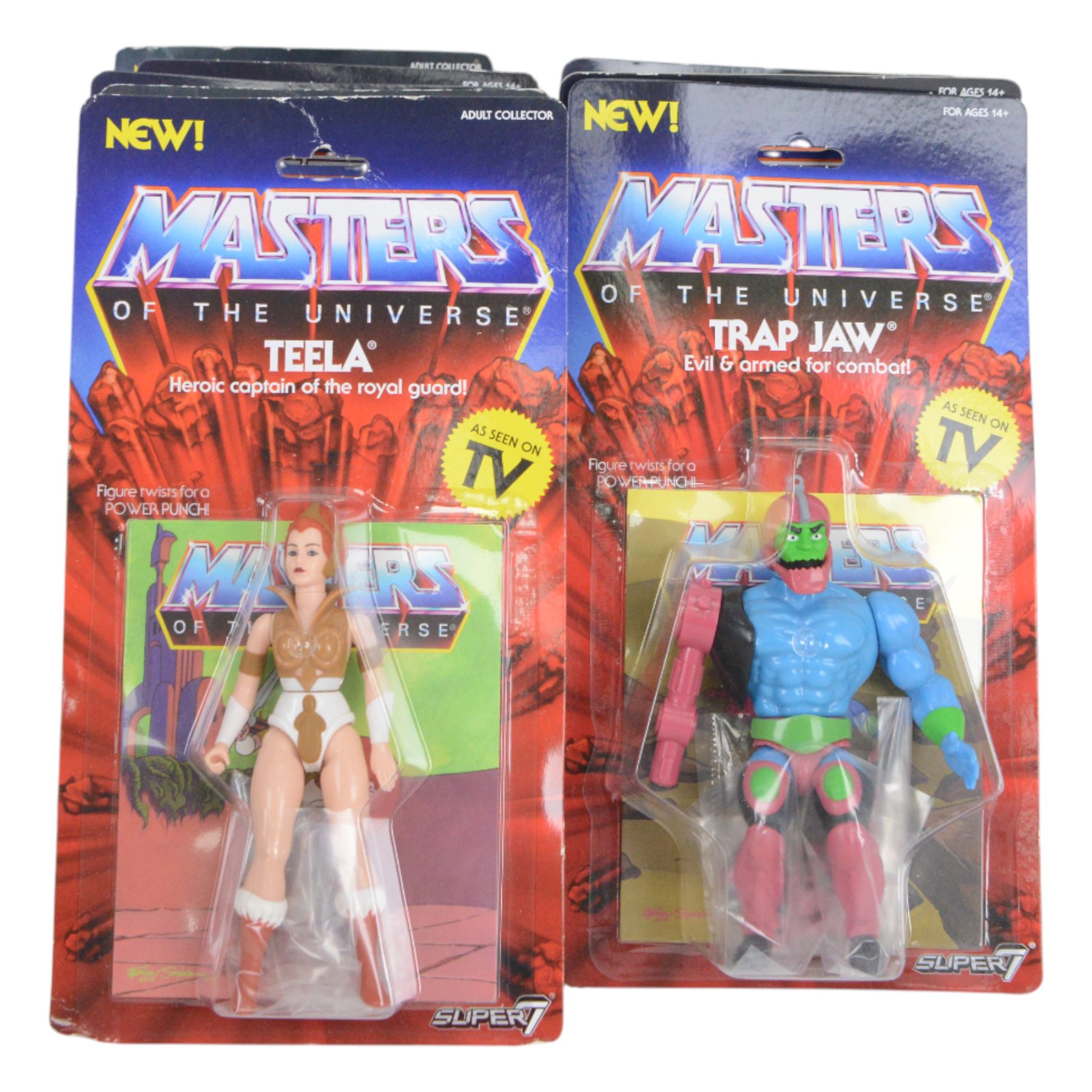 Thirteen Mattel Super7 reissue Masters of The Universe figures, comprising He-Man, Mat-At-Arms, Shadow Weaver, Hordak, Mer-Man, Prince Adam, Trap Jaw, Evil-Lyn, Orko, Skeletor, She-Ra, Beast Man and Teela, all carded