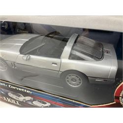 RCERTL Joyride James Bond 1:18th scale die-cast model cars - Lotus Esprit (silvered) from The Spy Who Loved Me, Aston Martin V12 Vanquish from Die Another Day and Chevrolet Corvette from A View To A Kill, all boxed (3)