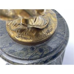 After Oswald Schimmelpfennig (German, 1872-1939): Pair of gilt bronze winged Allegorical female figures, the first example with arm outstretched holding a branch, signed 'Schimmelpfennig 1900', the second with arm raised above her head holding a book and sword in the other, both raised upon marble plinths, H45cm