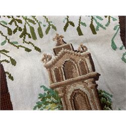 Victorian needlework  picture and verse sampler, 'In memory of Joshua Thomas who died Sep 22nd 1871 age 45', worked by Rebecca Emmott 1872 age 21, H66cm, W61cm 