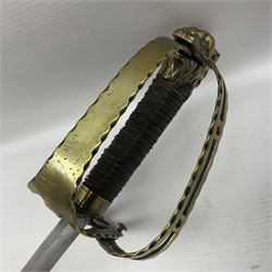 Late 18th century French 1st Empire Troupe a Pied Petit Montmorency Branch Tournante officer's sword, with 72.5cm slightly curving fullered blade, pierced brass hilt with lockable swivelling bar, fully wire-bound grip with lion head pommel, L88cm overall (no scabbard)