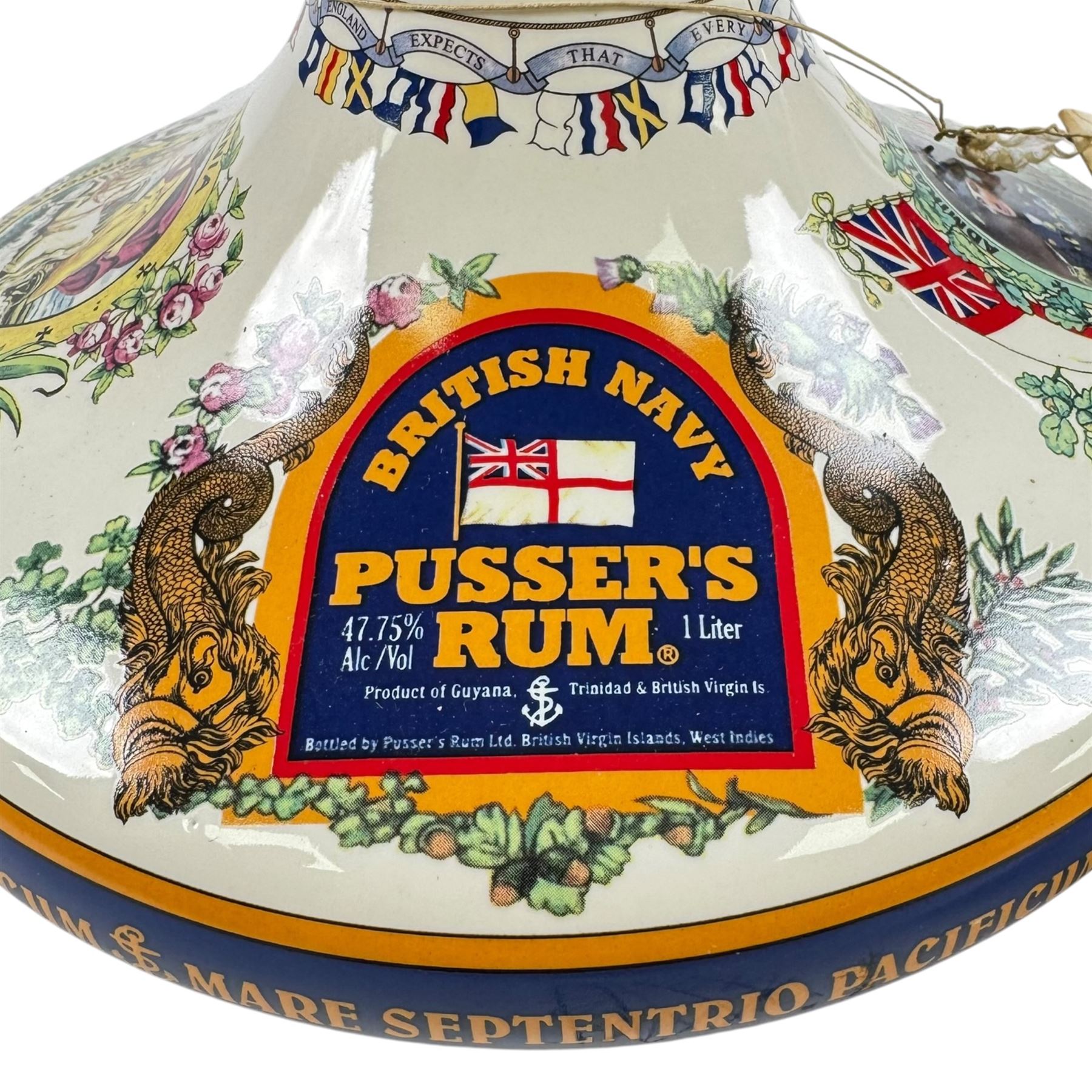 Pusser's Rum Admiral Lord Nelson ship's decanter with contents, wax seal with stamp to top, together with Trafalgar Bicentenary decanter 