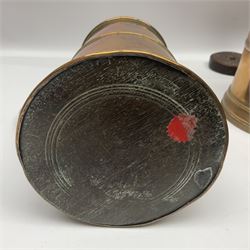 Two 19th century copper tankards, one with weighted wooden base, together with copper and wooden mechanical bellows, sundial and other metalware 