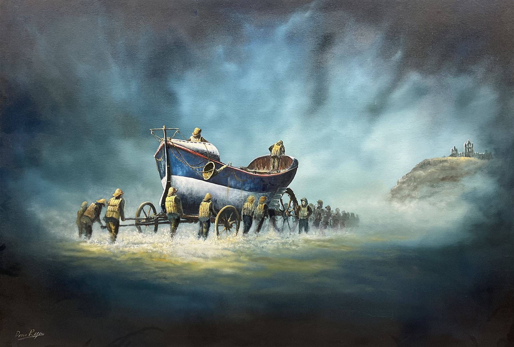 Dean Regan (Northern British 1960-): The Launching of the Robert and Mary Ellis Lifeboat at Whitby circa 1890, oil on canvas signed 75cm x 111cm 