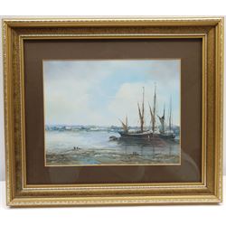 Alfred Saunders (British 1908-1986): 'Barges on the Mud', oil on board signed, titled signed and dated 1983 verso 17cm x 22cm