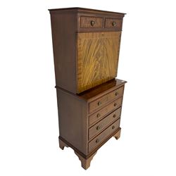 Shaw of London - mahogany secretaire chest, the upper section fitted with two drawers over fall front enclosing drawers, cupboard and pigeon holes, the lower section fitted with four graduating drawers, on bracket feet