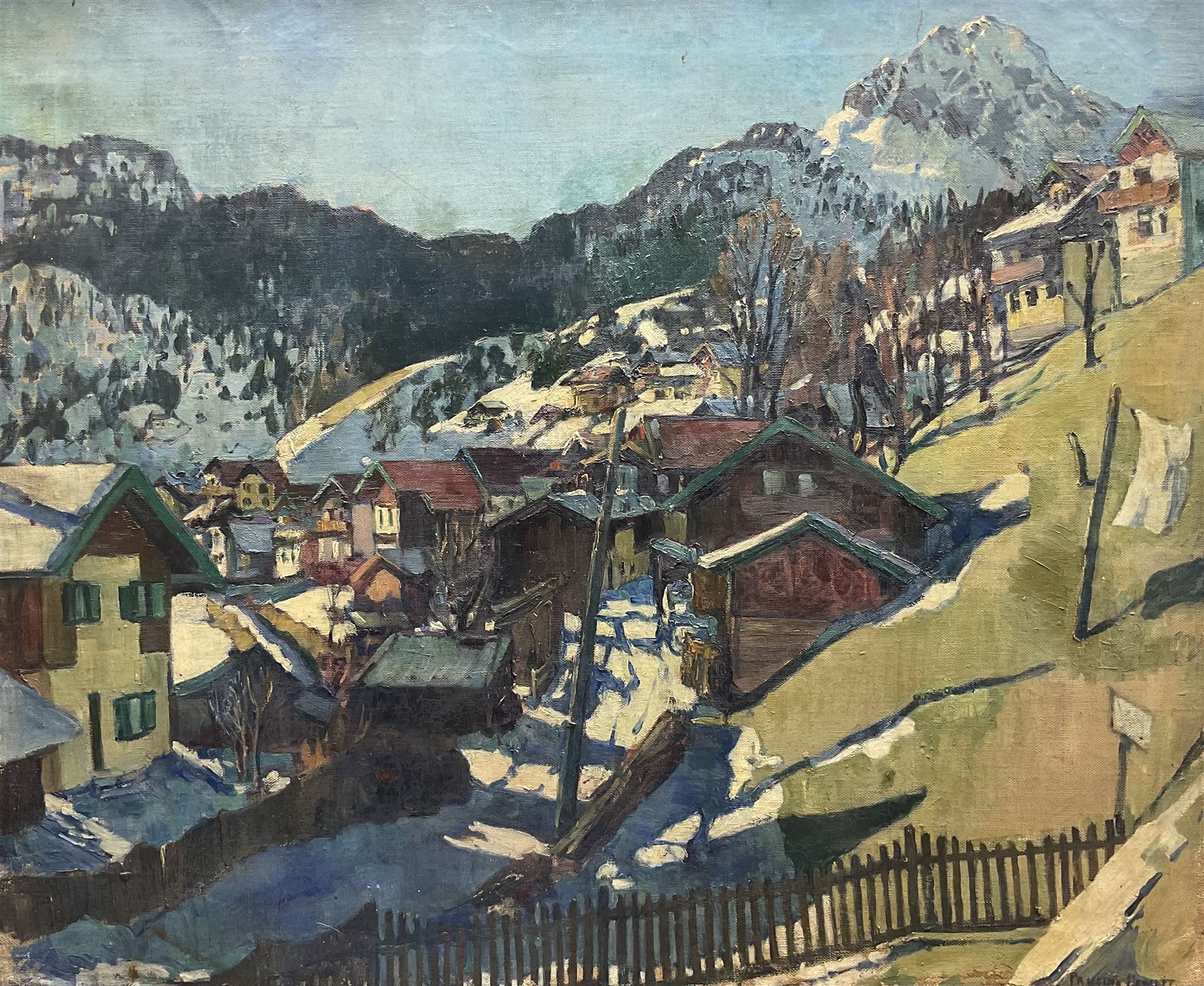 Beatrice Pauline Hewitt (British 1873-1956): Alpine Village Landscape, oil on canvas signed, artist address label verso 62cm x 75cm