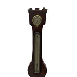 Victorian mahogany cased mercury wheel barometer by A Rizzi, Leeds,c 1860,
with a swan’s neck pediment and round base, long mercury box thermometer, 8” silvered register, hygrometer and level, steel indicating hand and brass recording hand with recording button, mercury present in syphon tube.
