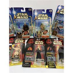 Star Wars - Episode 1 eleven Hasbro action figures, ten with CommTech chip, including two x Obi-Wan Kenobi, Battle Droid, Anakin Skywalker, four x Darth Maul (one Deluxe), Jar Jar Binks and two x Qui-Gon Jinn; together with five Attack of the Clones figures including Obi-Wan Kenobi, Count Dooku, Kit Fisto, Jango Fett and Mace Windu; and an Empire Strikes Back figure of Darth Vader; all in unopened blister packs (17)