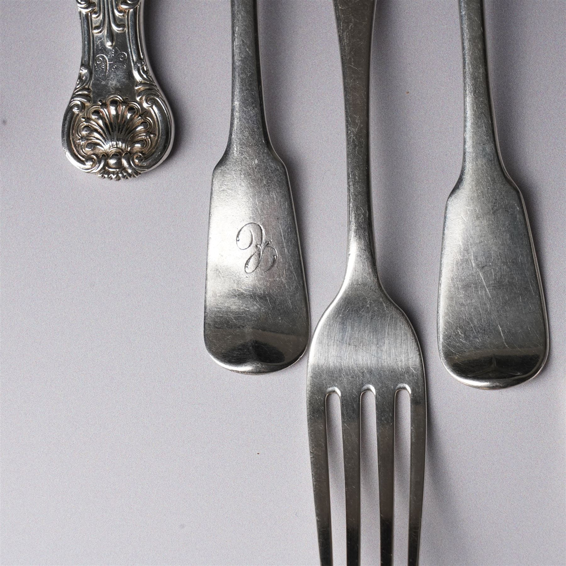 Pair of George IV silver fiddle pattern dessert forks, London 1824, another pair London 1828 and seven other 19th century silver dessert forks various dates and makers (11)