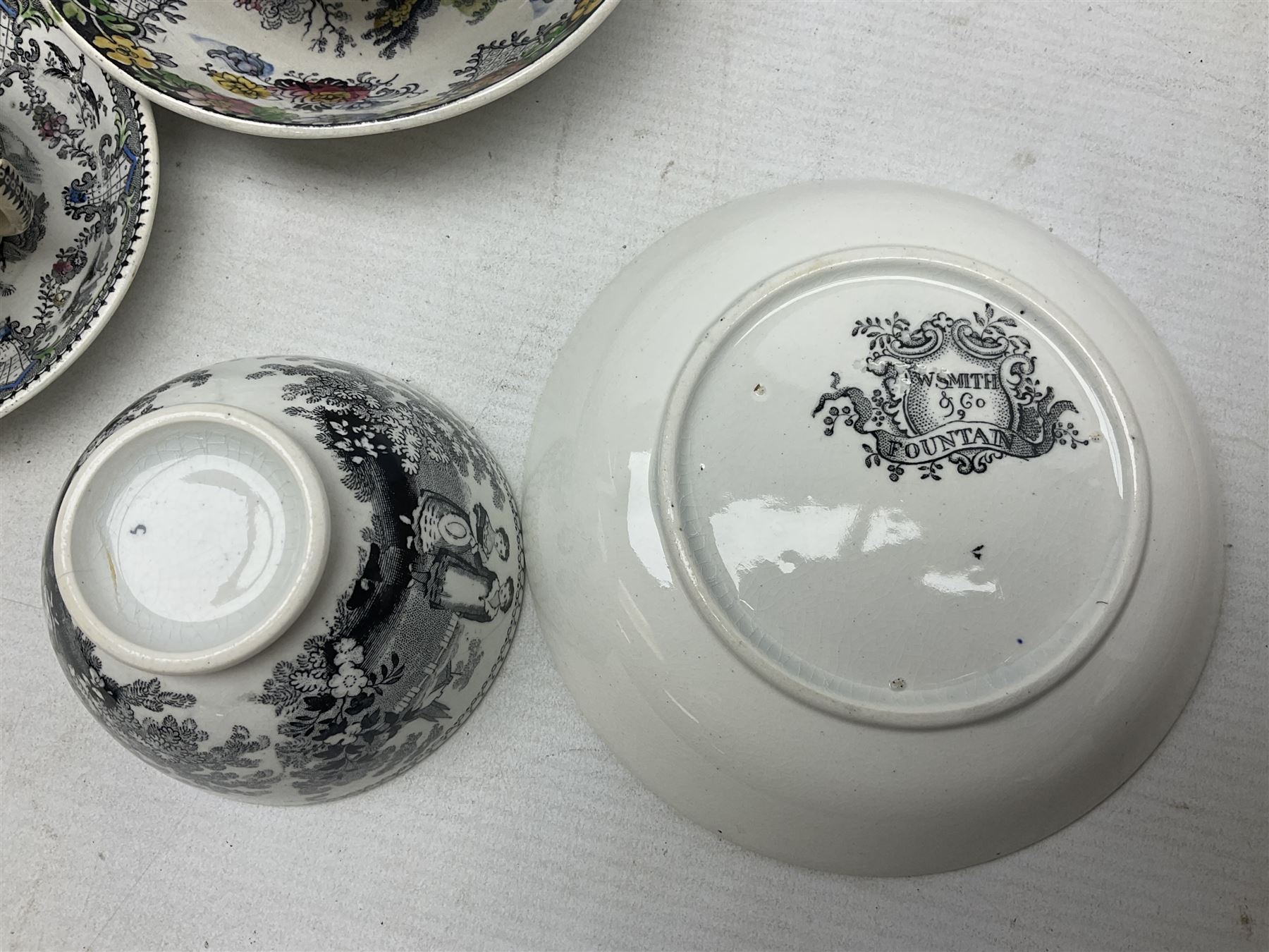 Collection of 19th century tea wares by William Smith & Co, decorated in various patterns including Cupid, Tally Ho and Fountain 
