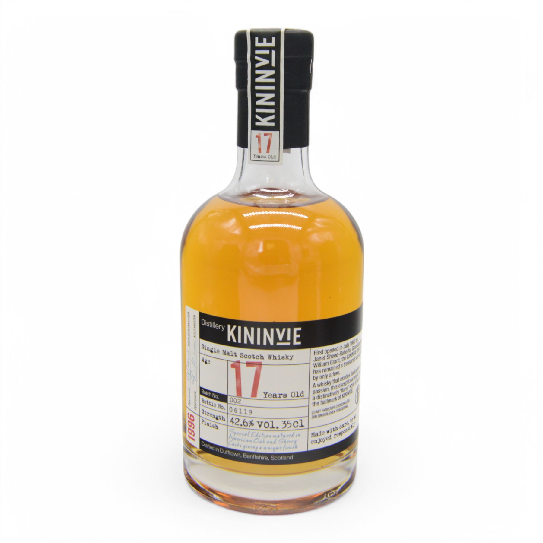 Two bottles Kininvie 17 year old, single malt Scotch whisky batch no. 1 and no. 2, 35cl 42.6%, both with original box