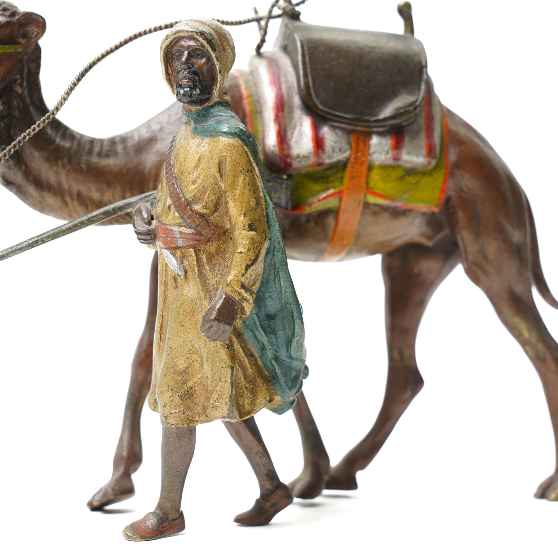 After Bergmann - Austrian School (20th Century) cold painted bronze of a Bedouin leading a camel L16cm