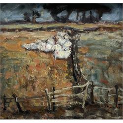 Connie Simmers (Scottish 1941-): 'The Grass is Always Greener on the Other Side of the Fence', oil on board signed, titled and dated 1988 verso 34cm x 36cm
Provenance: with Flying Colours Gallery, Edinburgh, exhibition label verso