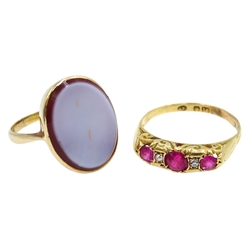  Ruby and diamond five stone ring, hallmarked 18ct and a sardonyx gold ring marks rubbed  