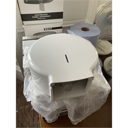 Pair of centrefeed towel dispensers and three mini jumbo toilet tissue dispensers with three blue paper rolls- LOT SUBJECT TO VAT ON THE HAMMER PRICE - To be collected by appointment from The Ambassador Hotel, 36-38 Esplanade, Scarborough YO11 2AY. ALL GOODS MUST BE REMOVED BY WEDNESDAY 15TH JUNE.